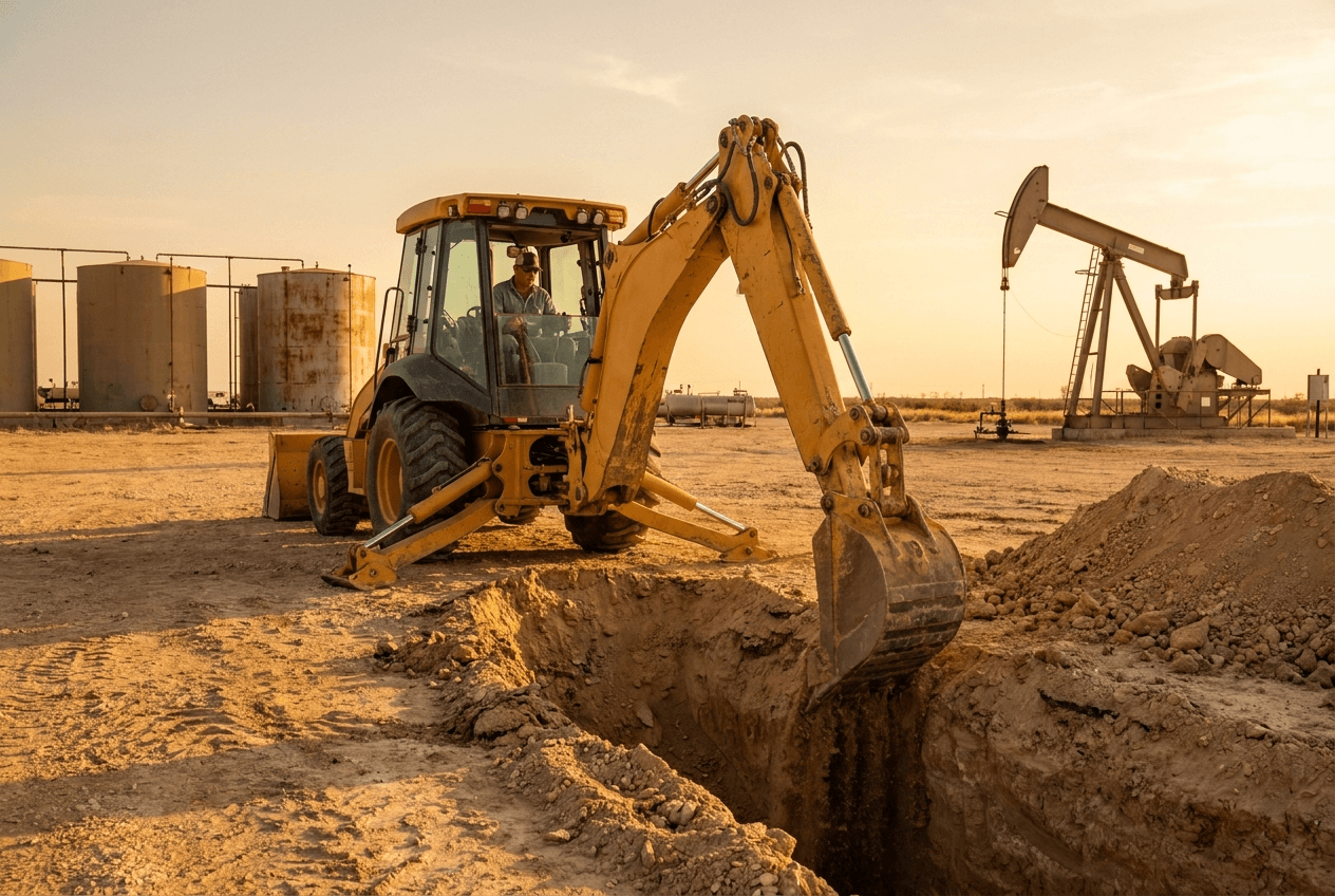 DWS backhoe performing excavation and earthwork at an oilfield location
