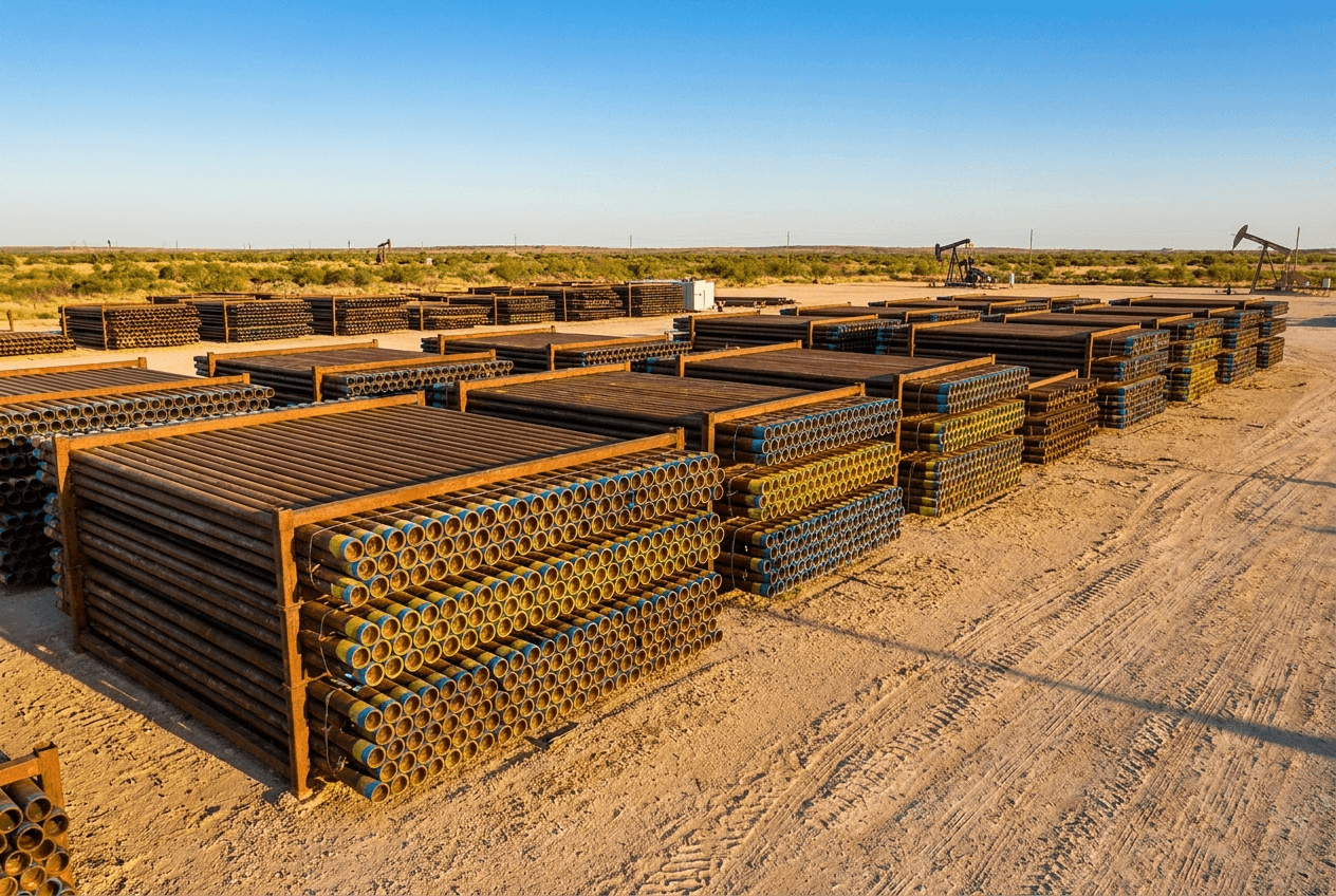 Stacked used oilfield tubular pipe with color-banded ends in a West Texas pipe yard