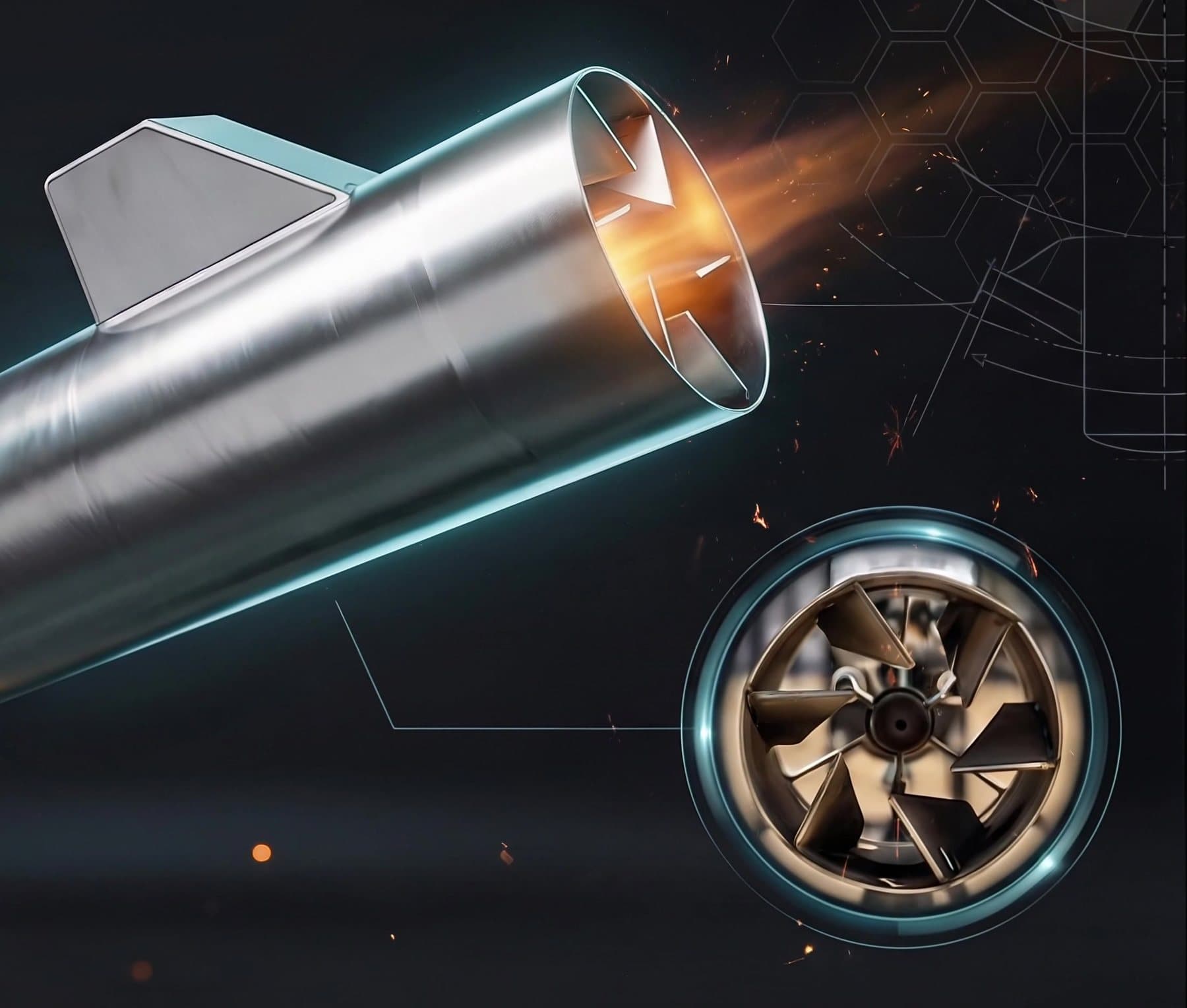 Cutaway rendering of the smokeless flare tip showing the internal chevron vanes and bullet flow director