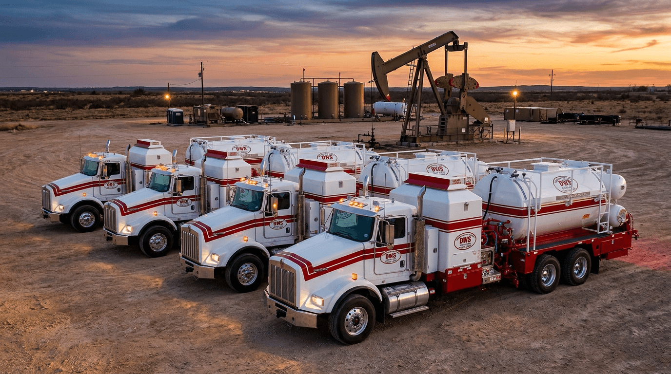 Dependable Well Service fleet lined up at a Permian Basin location at sunset