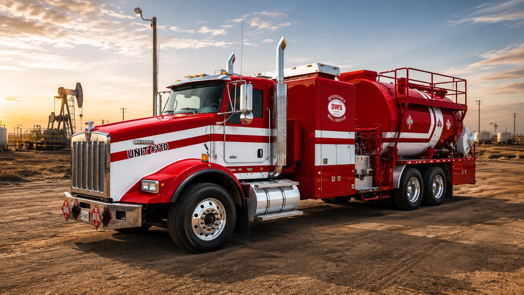 Dependable Well Service hot oiler Unit #110 — red and white DWS hot oil truck on a Permian Basin location