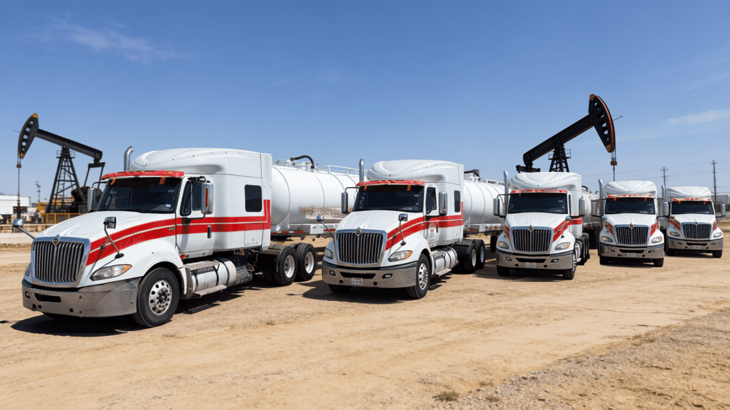 Dependable Well Service water hauling fleet — vacuum trucks and tankers lined up at a Permian Basin location